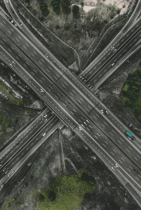 A large street intersection from above. 