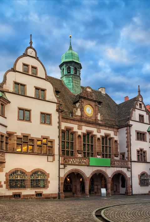 Old Town Hall (Altes Rathaus) on sunrise in Freiburg im Breisgau, Baden-Wurttemberg, Germany