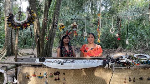 Indigenous women sell their handicrafts on a market