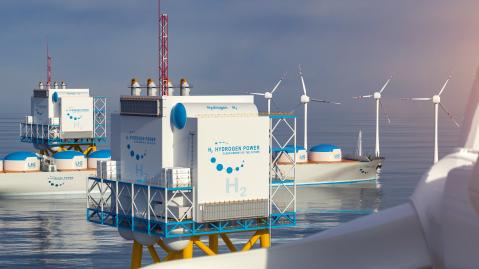 Wasserstoffplattform und -tanker mit Offshore-Windrädern